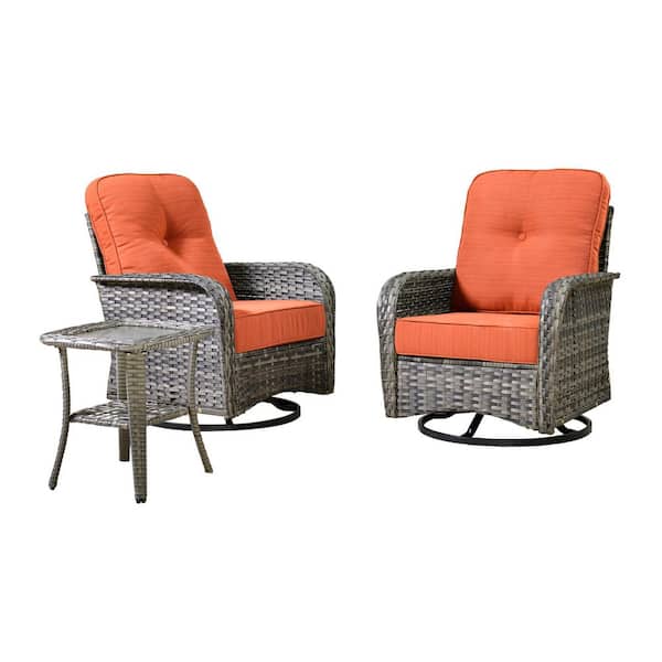 Galene Gray 3-Piece Wicker Outdoor Patio Conversation Swivel Rocking Chair Seating Set with Orange Red Cushions