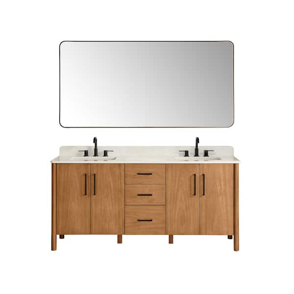 Velora 72 in. Double Freestanding Mango Brown Bath Vanity with Grain White Engineered Stone Top Assembled, Mirror