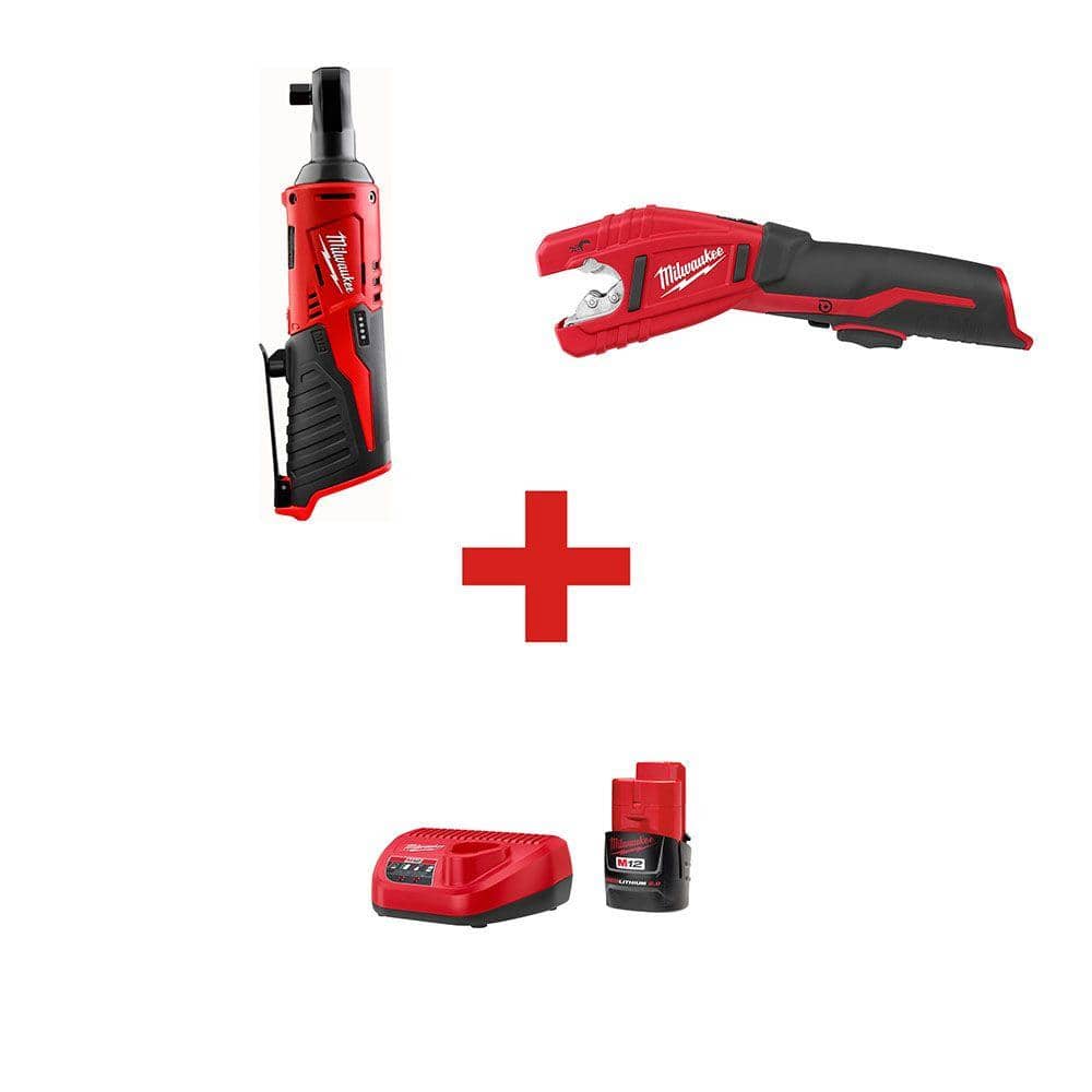 Milwaukee M12 12-Volt Lithium-Ion 3/8 in. Ratchet (Tool-Only) and M12 Copper Tubing Cutter (Tool-Only) with M12 Starter Kit -  2457-20T