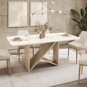 Italian Style Warm Beige and Light Oak Painted Glass Pedestal Dining Table Seats 6