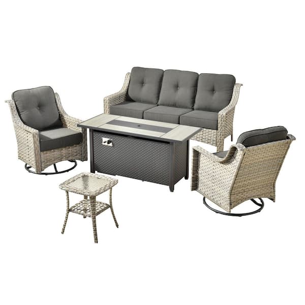 Eureka 5-Piece Wicker Patio Conversation Sofa Seating Set with Metal Fire Pit Table and Black Cushions