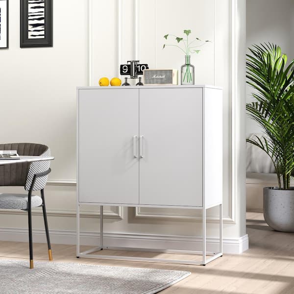 Tahanbath Heavy Duty Metal Buffet-Modern Steel Cabinet with Magnetic Doors, 2-Shelves, Anti-Tip Design; Easy Assembly in White