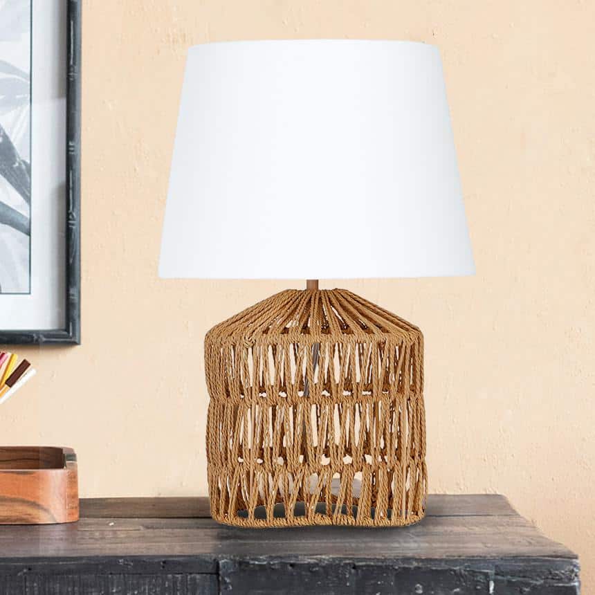 Natural Woven Rope Table Lamp with White Empire Shade