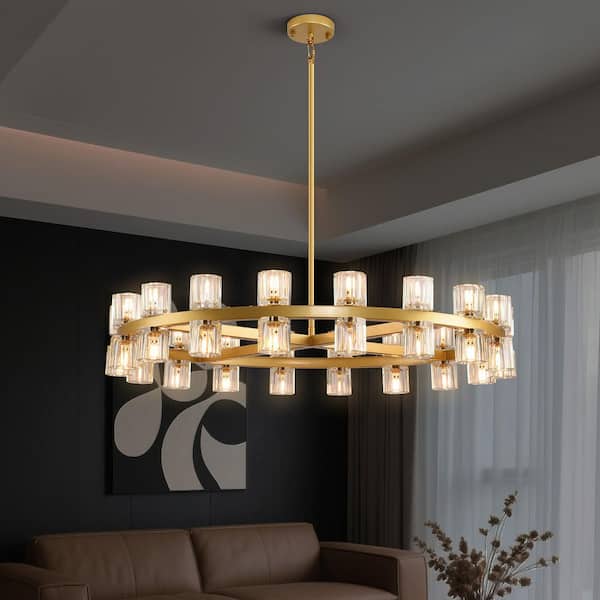 36-Lights 36 in. Gold Wagon Wheel Chandelier Crystal Round Chandeliers for Dining Room Living Room Kitchen Foyer