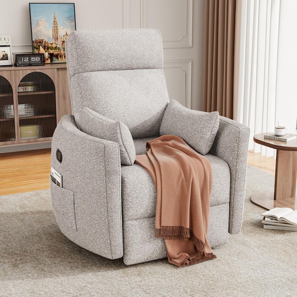 Light Gray Rocking Swivel Recliner Chair with Side Pockets and 2 Pillows, 360-Degree Swivel