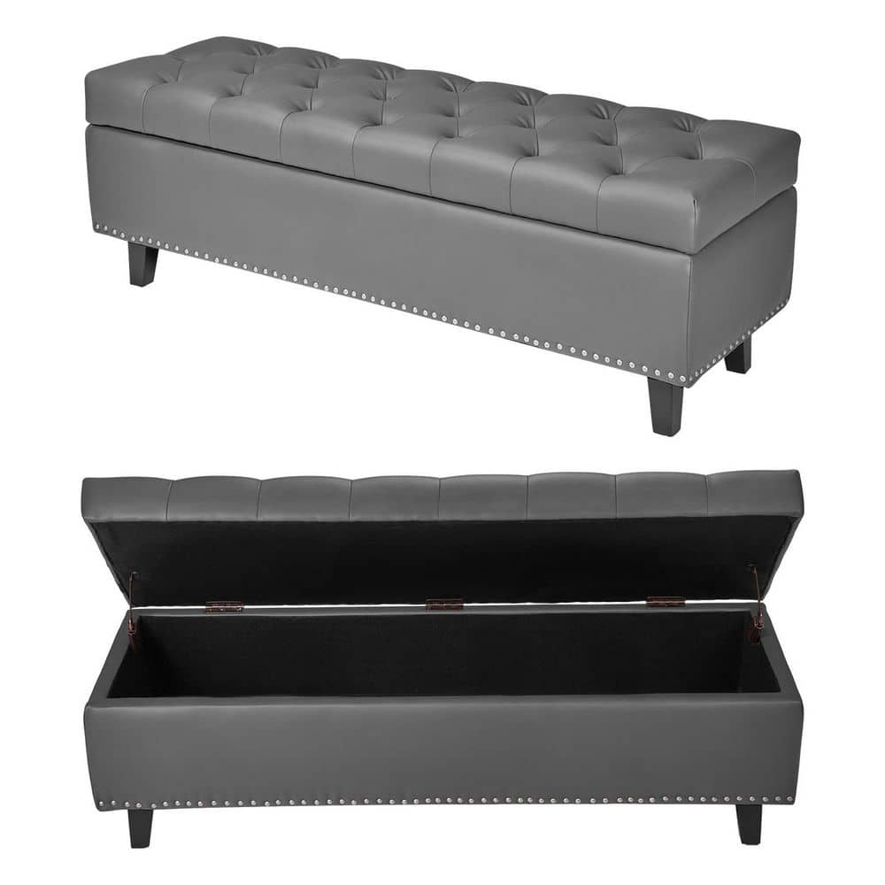 Button-Tufted Storage Ottoman Bench, PU Leather Bench with Storage and Solid Wood Legs, Modern Shoe Benches Seat, Gray price history on PriceWatchPro