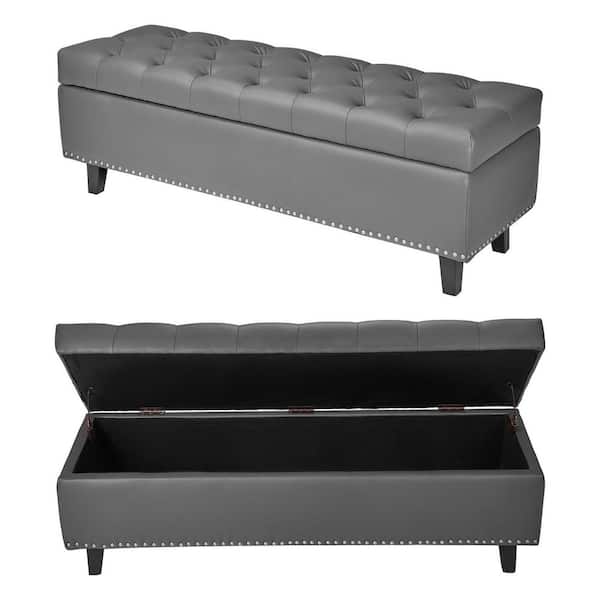 Button-Tufted Storage Ottoman Bench, PU Leather Bench with Storage and Solid Wood Legs, Modern Shoe Benches Seat, Gray
