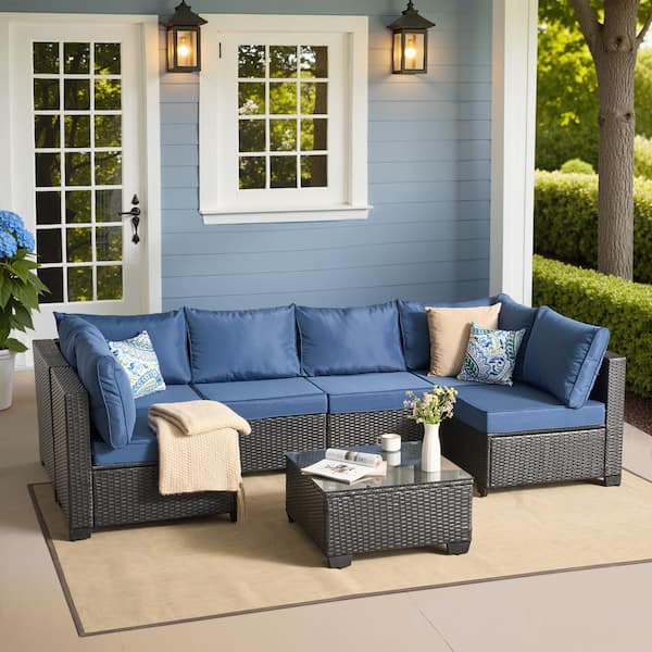 Carmen Black 7-Piece Wicker Outdoor Furniture Patio Conversation Sectional Sofa Set with Blue Cushions