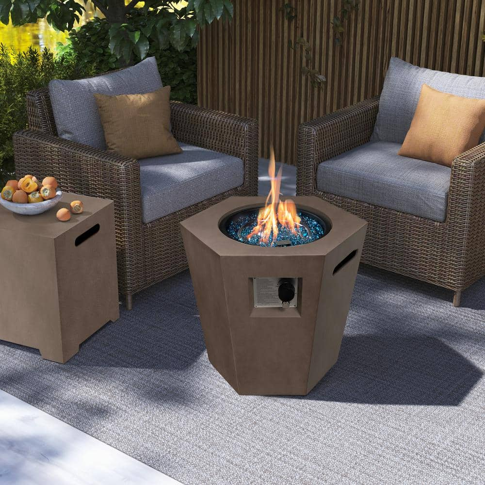 UPHA 24 in. x 22 in. 40000 BTU Hexagon Concrete Outdoor Propane Gas Fire Pit Table with Propane Tank Cover in Dark Brown