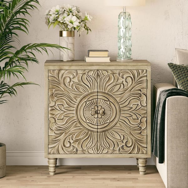 Farmhouse Weathered White 29.33 in. H Storage Cabinet with Carved Flower Motif Front