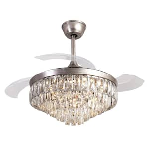 42 in. Indoor Silver Integrated LED Farmhouse Crystal Chandelier Ceiling Fan Lighting with Elegant Lampshade and Timer