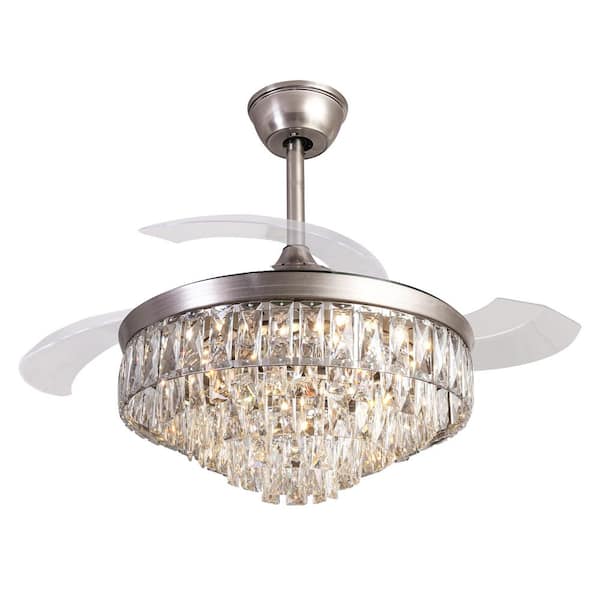 PUDO 42 in. Indoor Silver Integrated LED Farmhouse Crystal Chandelier Ceiling Fan Lighting with Elegant Lampshade and Timer