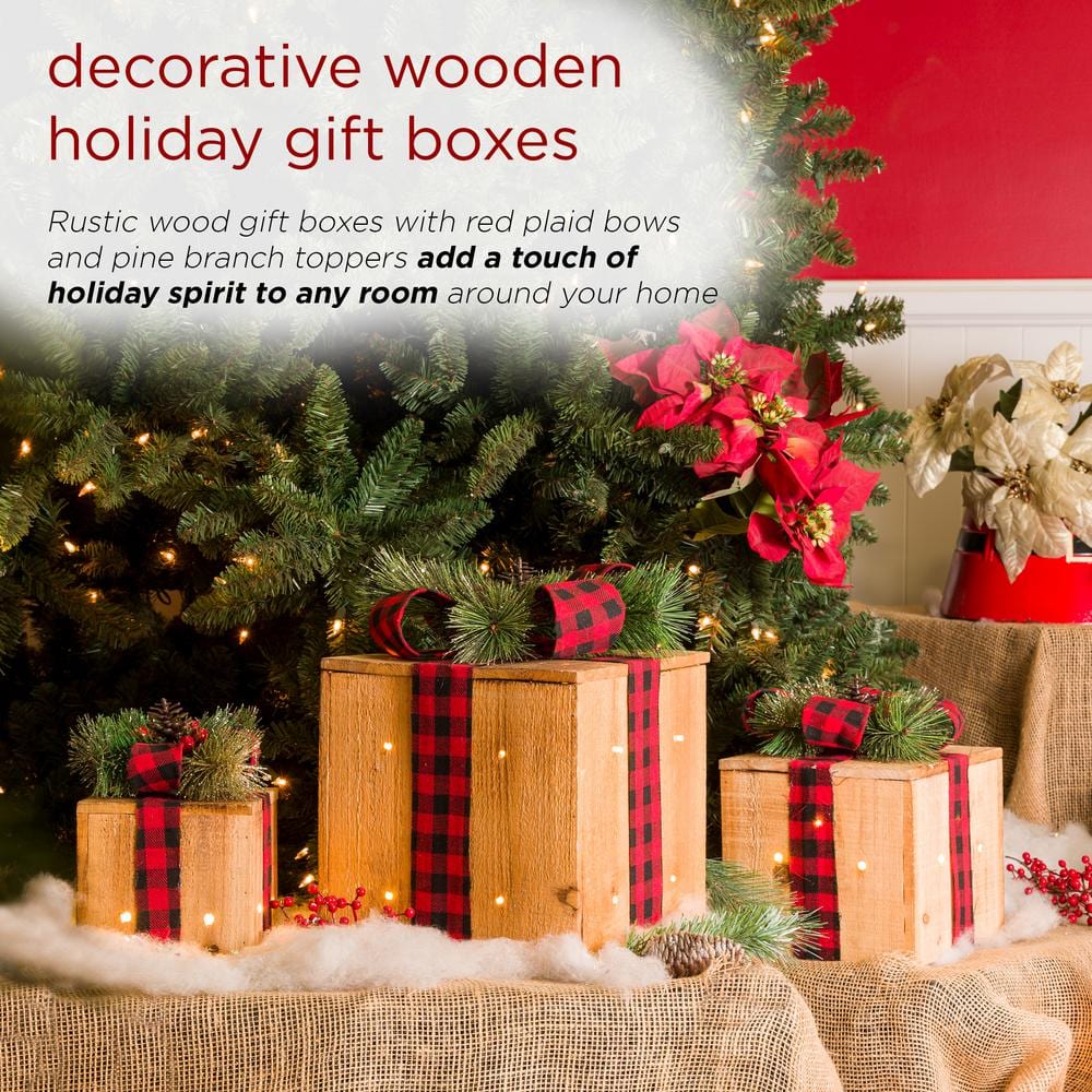 Rustic Wooden Christmas Gift Box Set with LED Lights