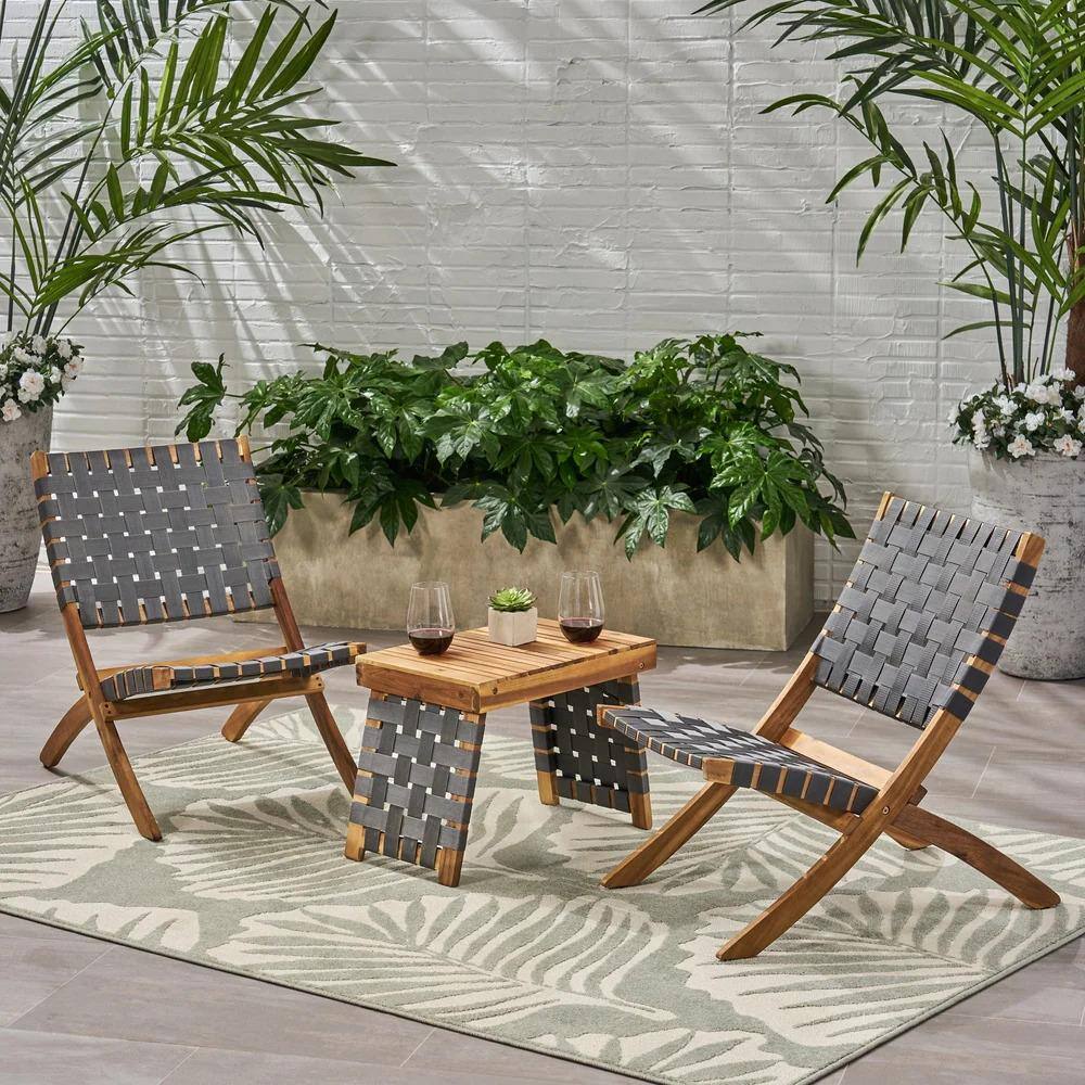 New Foldable Patio Furniture 3-Piece Chat Set with Strapping Belt Accents, 