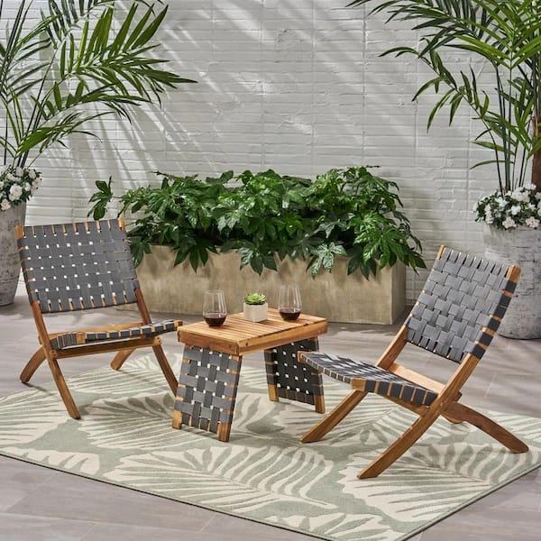 Unbranded New Foldable Patio Furniture 3-Piece Chat Set with Strapping Belt Accents, for Backyard, Deck, Garden, Brown and Gray