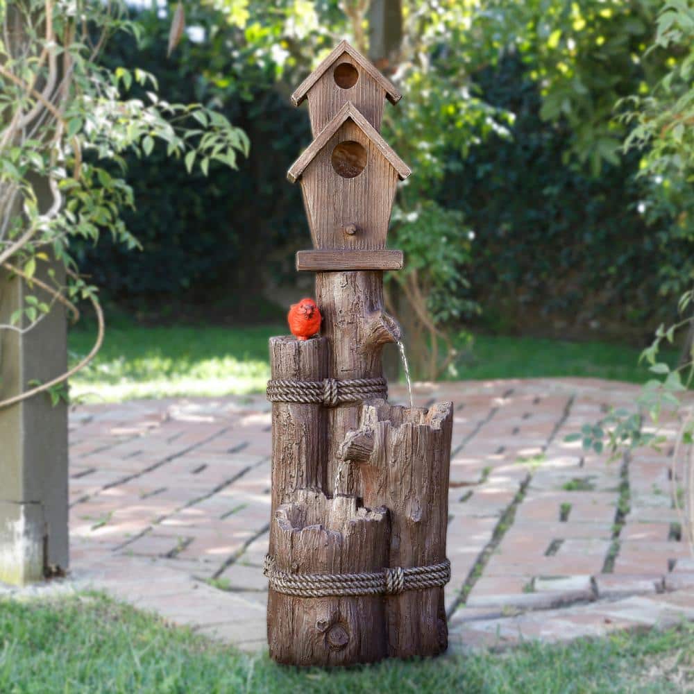 35" Rustic Brown Polyresin Birdhouse Outdoor Fountain