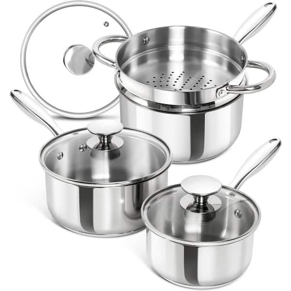 7-Piece Stainless Steel Saucepan Set Induction Compatible Triply Bottom with Steamer Insert and Glass Lids