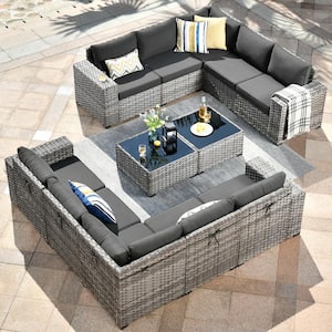 Crater Gray 12-Piece Wicker Outdoor Wide-Plus Arm Patio Conversation Sofa Seating Set with Black Cushions