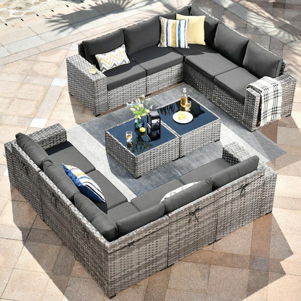 HOOOWOOO Crater Gray 12-Piece Wicker Outdoor Wide-Plus Arm Patio Conversation Sofa Seating Set with Black Cushions