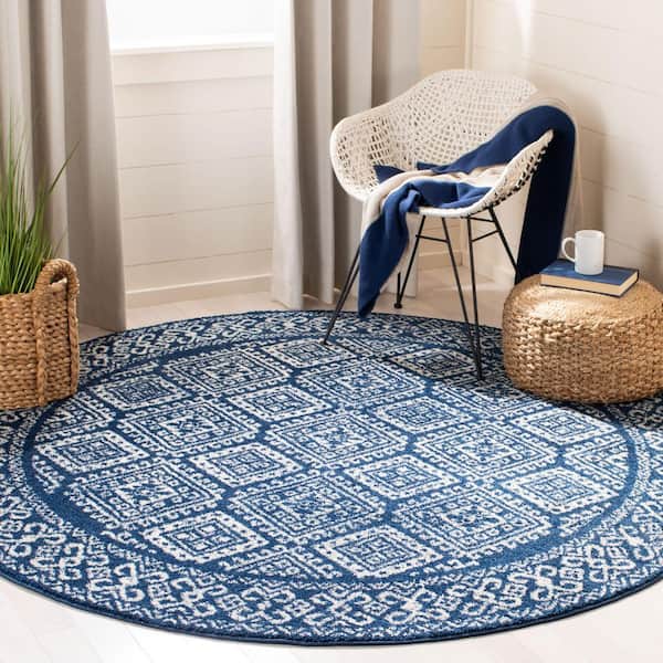 Tulum 12 ft. x 12 ft. Navy/Ivory Tribal Round Rug