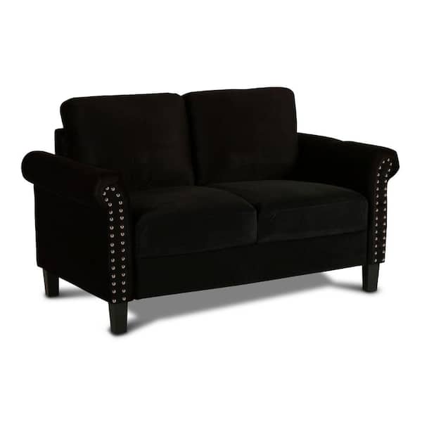 Benjara 30.91 in. Black Velvet Upholstered 2-Seat Loveseat with Nailhead Trim