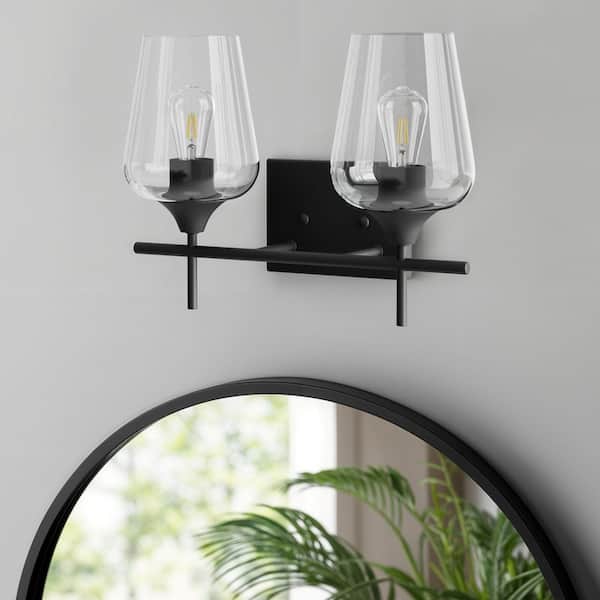 2-Light Matt Black Vanity Light Bathroom with Clear Glass Shades