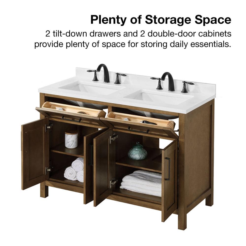 Almond Latte Brushed Double Sink Bathroom Vanity with Matte Black Hardware