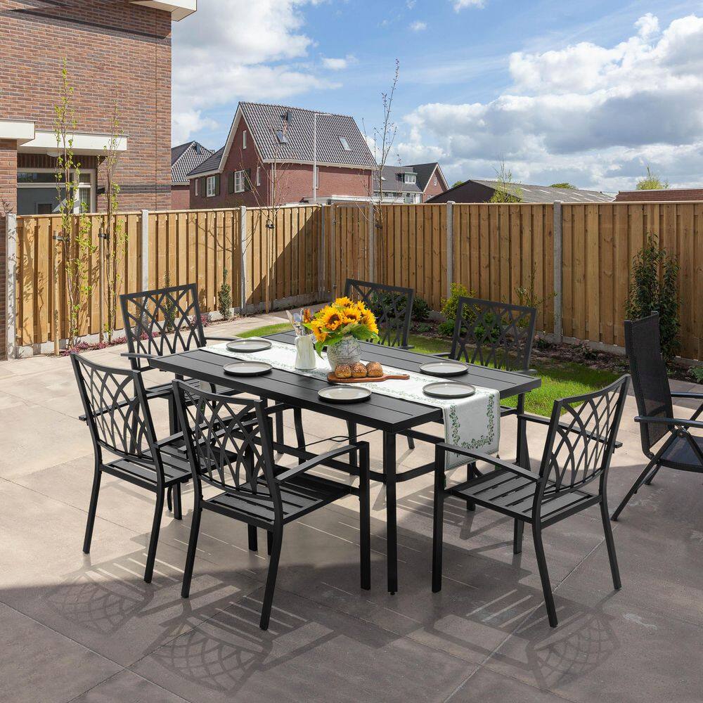Black 7-Piece Metal Outdoor Dining Stackable Chairs, 1 Rectangle Table with 1.57 in. Umbrella Hole (Set, 6) price history on PriceWatchPro