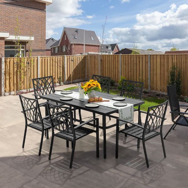 Black 7-Piece Metal Outdoor Dining Stackable Chairs, 1 Rectangle Table with 1.57 in. Umbrella Hole (Set, 6)
