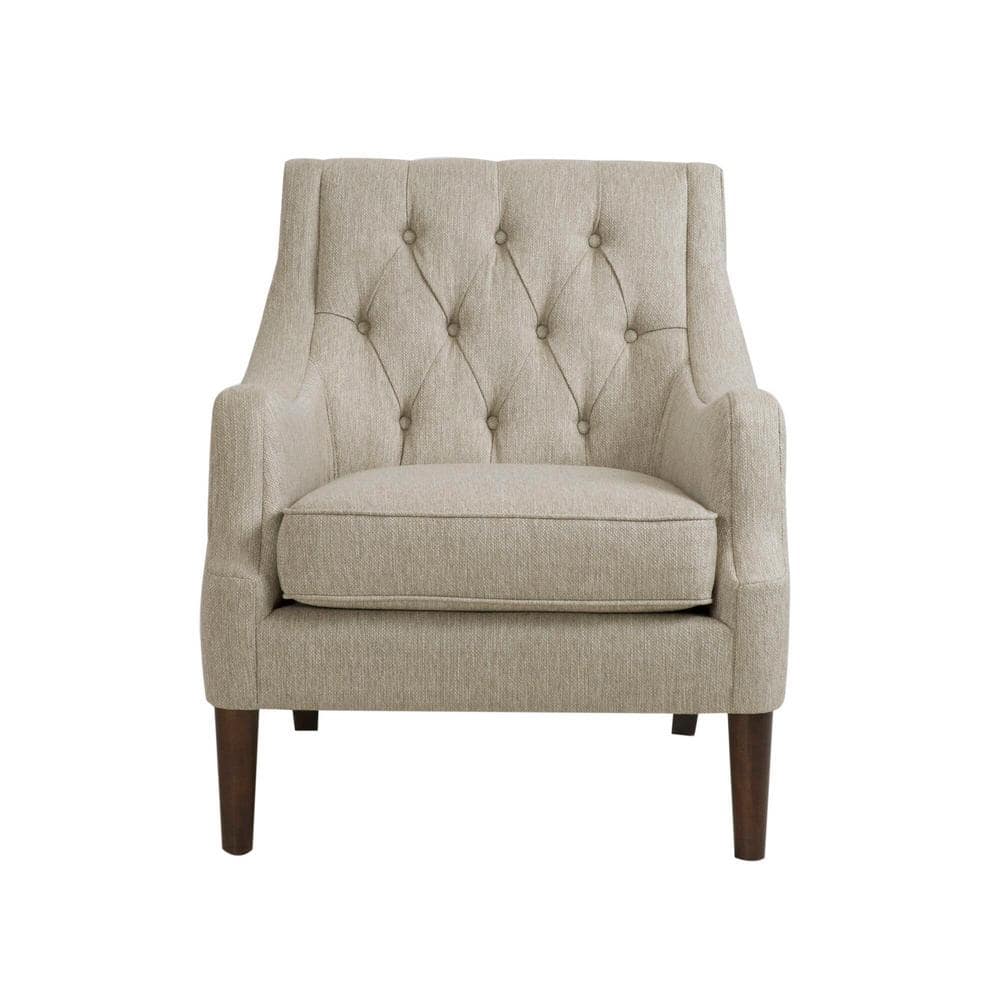 Elegant Beige Handcrafted Wood Accent Chair with Button Tufted Back