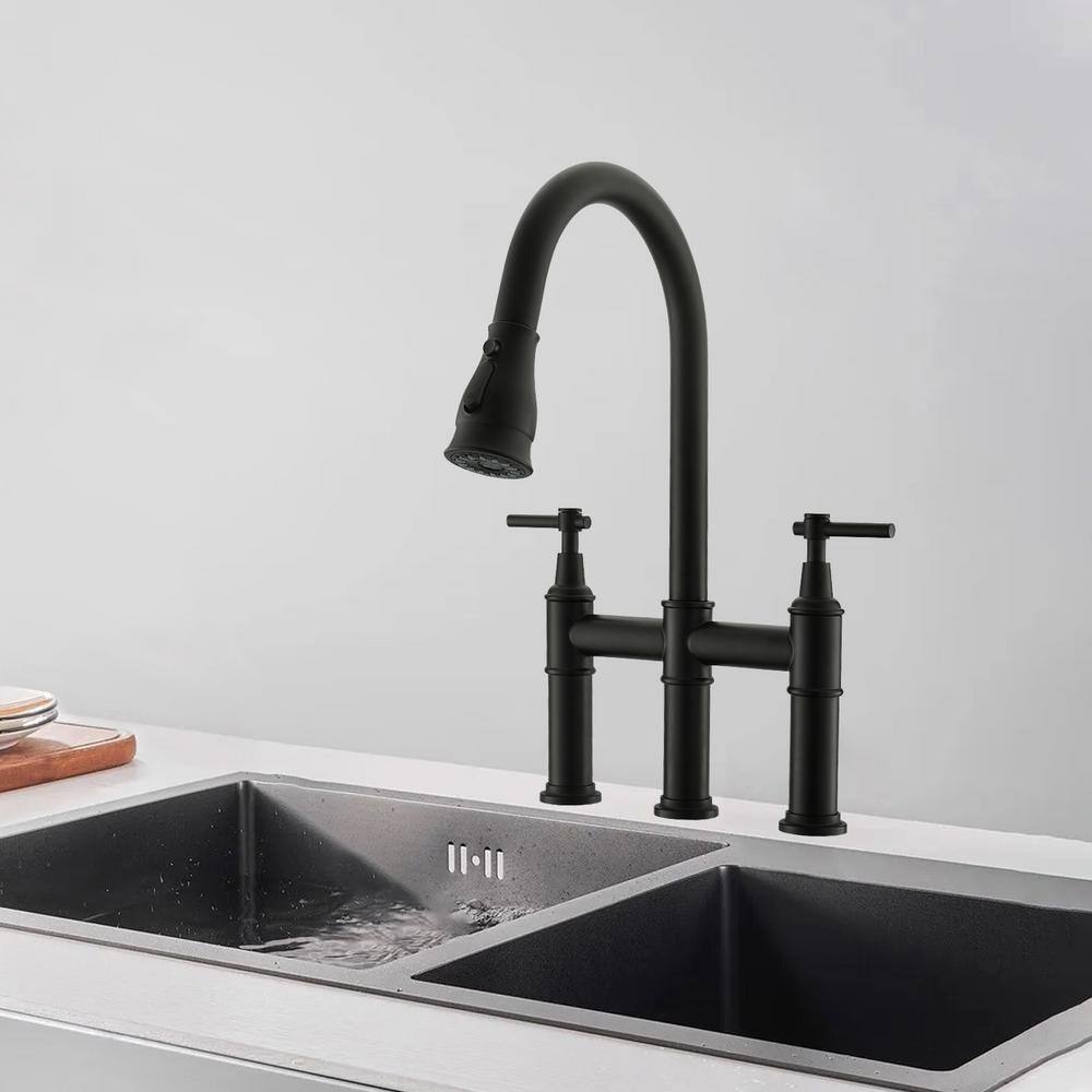Double Handle Bridge Pull Down Sprayer Kitchen Faucet in Matte Black price history on PriceWatchPro