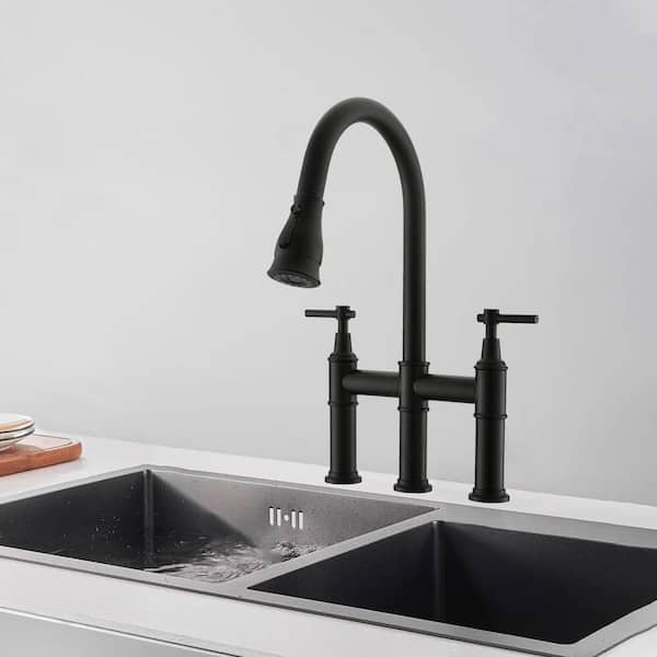 Maincraft Double Handle Bridge Pull Down Sprayer Kitchen Faucet in Matte Black
