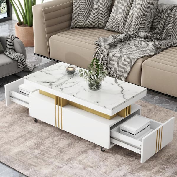 Nestfair Luxury 39.3 in. White Rectangle Faux Marble Coffee Table with 2-Drawers and Caster Wheels