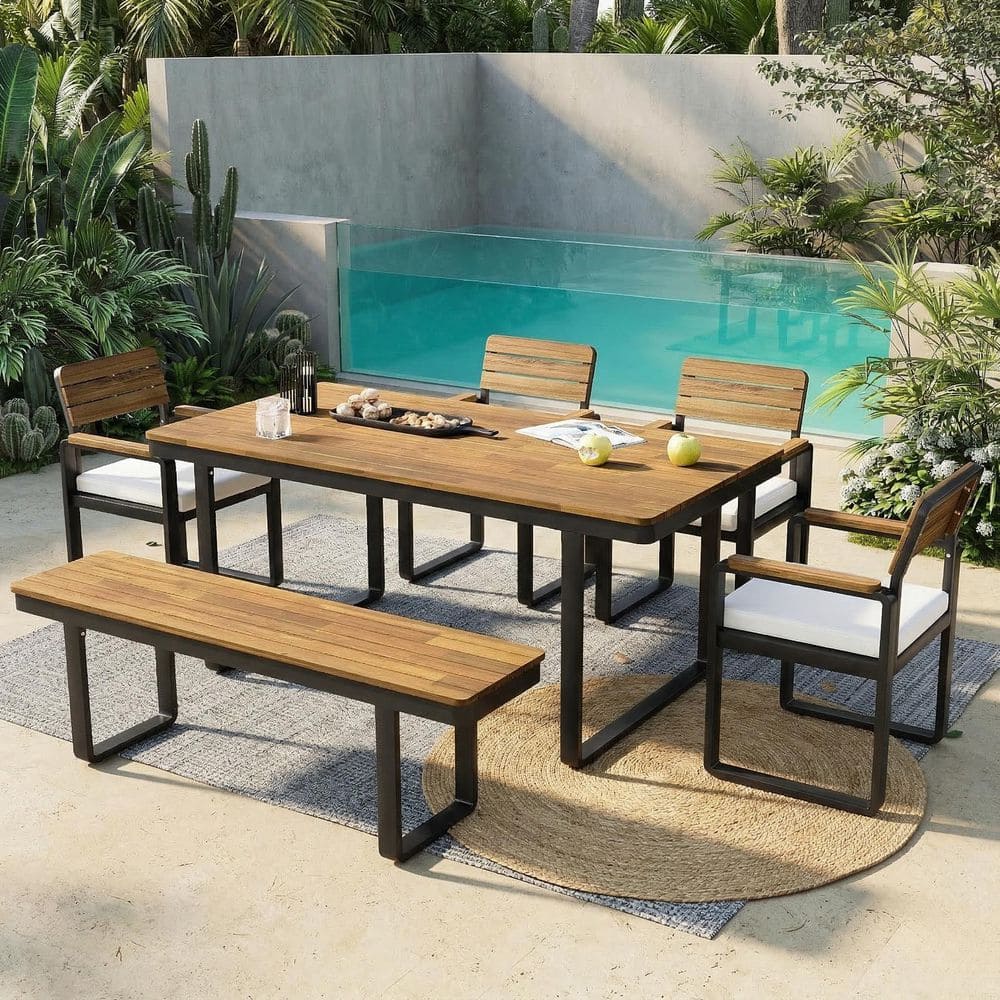 6-Piece Natural Acacia Wood Outdoor Dining Set with Beige Cushions, Umbrella Hole, Bench, 4 Chairs, Adjustable Feet price history on PriceWatchPro