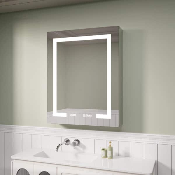 24 in. W x 30 in. H Rectangular Silver Aluminum Recessed/Surface Mount Left LED Medicine Cabinet with Mirror and Clock