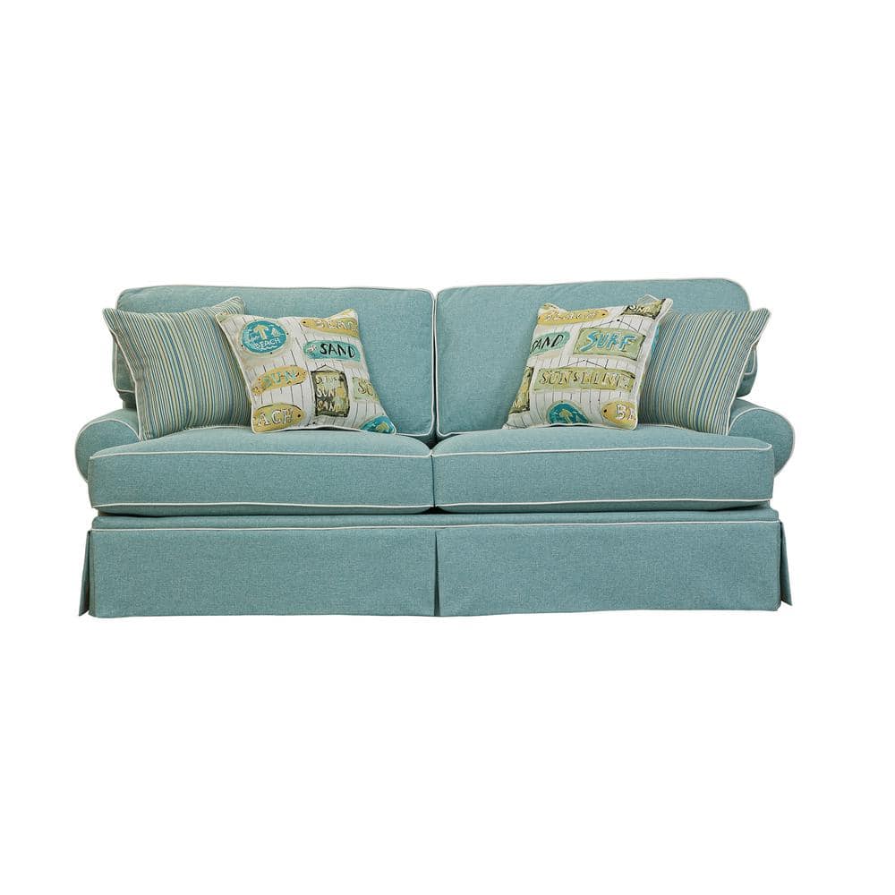 Aqua Linen Round Arm Sofa with Coastal Pillows