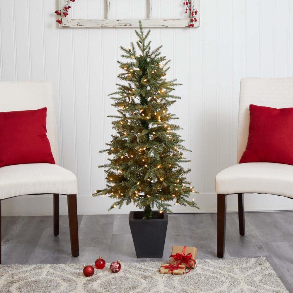 4.5-Foot Green Pine Artificial Christmas Tree with Clear Lights and Decorative Planter