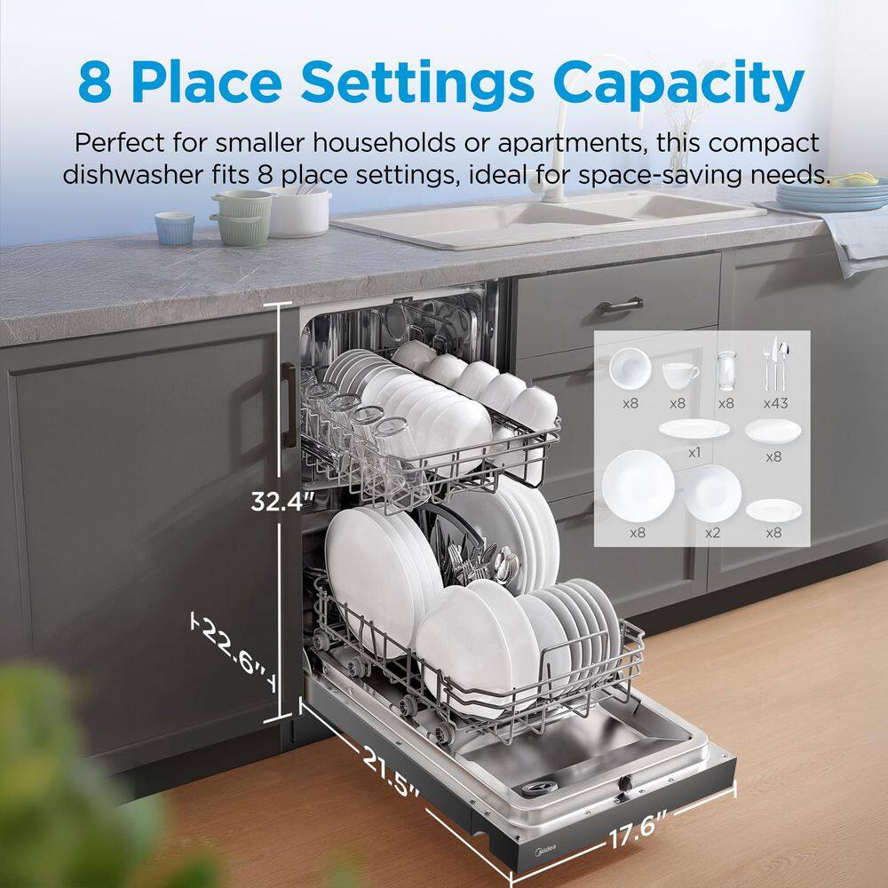 Midea 18-Inch Black Stainless Steel Built-In Dishwasher with Energy Star
