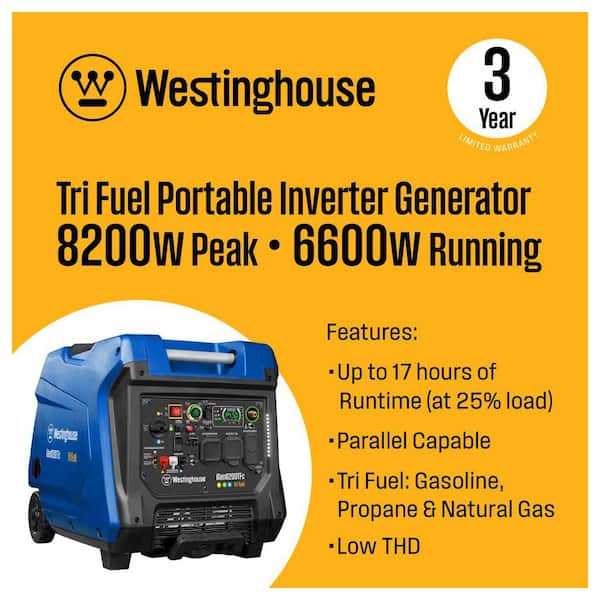 8,200-Watt Remote Electric Start Tri Fuel Gas, Propane, Natural Gas Powered Inverter Generator with CO Sensor