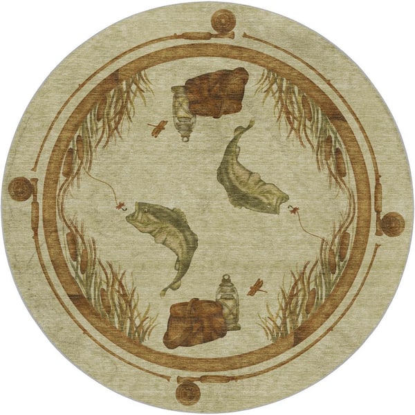 Dream Shag Premium Machine Washable Abstract ADS145 Khaki 8 ft. x 8 ft. Round Rug