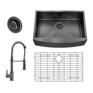 Gunmetal Black Stainless Steel 30 in. 18-Gauge Single Bowl Farmhouse Kitchen Sink with Black Spring Neck Faucet