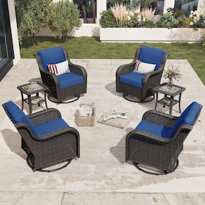 Aditi Brown 6-Piece Wicker Patio Conversation Seating Sofa Set with Navy Blue Cushions and Swivel Rocking Chairs