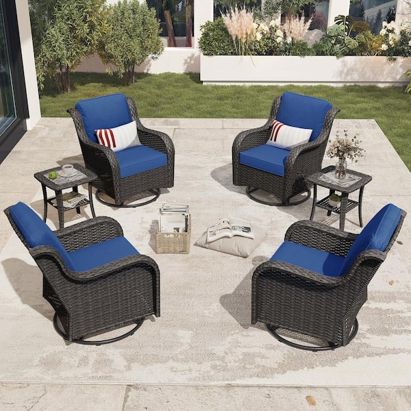 Aditi Brown 6-Piece Wicker Patio Conversation Seating Sofa Set with Navy Blue Cushions and Swivel Rocking Chairs