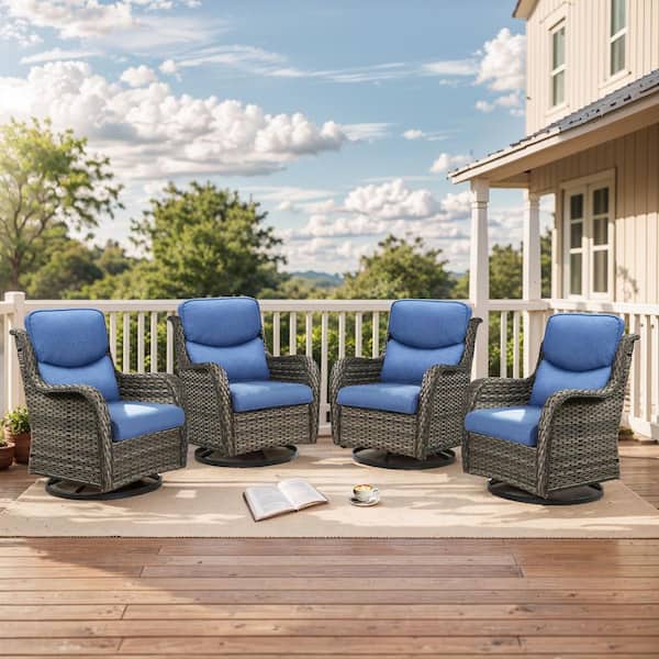 Luxury 4-Piece Gray Swivel Glider Wicker Outdoor Rocking Chair with Olefin Blue Cushions for Patio or Porch