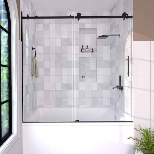 Hermitage Bath Brewo 60 in. W x 60 in. H Sliding Semi-Frameless Tub Door in Matte Black Finish with Clear Glass