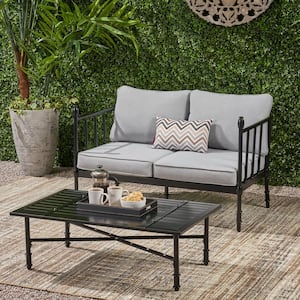 2-Piece Black Metal Patio Conversation Set with Gray Cushions, Coffee Table