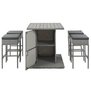 5-Piece Gray Wicker Outdoor Dining Table Set Serving Bar with Storage Shelf Table 4 Stool and Cushion