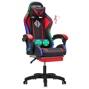 Red-Black PVC Leather Massage LED Reclining Gaming Chair with Bluetooth Speaker with Footrest Headrest Lumbar Support