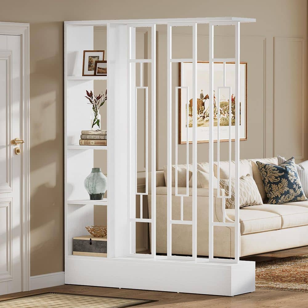 71 in. H White Wood Room Divider with Storage Shelves, Modern Freestanding Room Divider, Wall Partition for Living Room