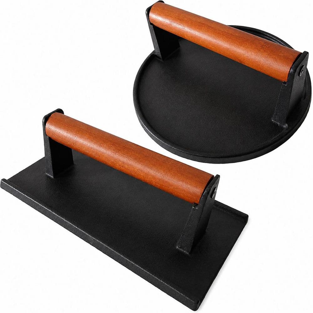 2 Piece Black Cast Iron Grill Press Set Flat Bottom Round Rectangle Meat Steak Bacon Burger for Griddle Grill